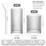 INSETLAN Set of 8 Vintage Glassware - 4 Highball Glasses 12 oz, 4 Rocks Glass Cups 14 oz, Ribbed Glassware Cocktail Glasses, Ideal for Wine, Juice, Water, Ice Coffee Cup, Whiskey, Mixed Drinkware