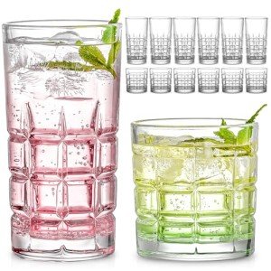 Mfacoy Drinking Glasses Set of 12, Clear Glass Cups, Mixed Glassware Sets, 15 OZ Large Highball Water Glasses & 11 OZ Rock Glasses, Tumbler Drinkware Kitchen for Cocktail Iced Coffee Beer Tea Whiskey