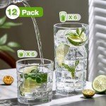 Mfacoy Drinking Glasses Set of 12, Clear Glass Cups, Mixed Glassware Sets, 15 OZ Large Highball Water Glasses & 11 OZ Rock Glasses, Tumbler Drinkware Kitchen for Cocktail Iced Coffee Beer Tea Whiskey