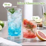 Mfacoy Drinking Glasses Set of 12, Clear Glass Cups, Mixed Glassware Sets, 15 OZ Large Highball Water Glasses & 11 OZ Rock Glasses, Tumbler Drinkware Kitchen for Cocktail Iced Coffee Beer Tea Whiskey