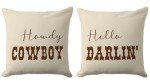 CarOptics Set of 2 Western Funny Couple Pillow Covers 18x18 Inch - 'Howdy Cowboy' & 'Hello Darlin'' Set of 2, Teen Girls Boys Gifts, Rustic Farmhouse Charm for Various Settings(Beige)