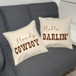 CarOptics Set of 2 Western Funny Couple Pillow Covers 18x18 Inch - 'Howdy Cowboy' & 'Hello Darlin'' Set of 2, Teen Girls Boys Gifts, Rustic Farmhouse Charm for Various Settings(Beige)