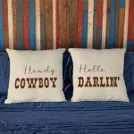 CarOptics Set of 2 Western Funny Couple Pillow Covers 18x18 Inch - 'Howdy Cowboy' & 'Hello Darlin'' Set of 2, Teen Girls Boys Gifts, Rustic Farmhouse Charm for Various Settings(Beige)