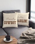 CarOptics Set of 2 Western Funny Couple Pillow Covers 18x18 Inch - 'Howdy Cowboy' & 'Hello Darlin'' Set of 2, Teen Girls Boys Gifts, Rustic Farmhouse Charm for Various Settings(Beige)