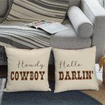 CarOptics Set of 2 Western Funny Couple Pillow Covers 18x18 Inch - 'Howdy Cowboy' & 'Hello Darlin'' Set of 2, Teen Girls Boys Gifts, Rustic Farmhouse Charm for Various Settings(Beige)