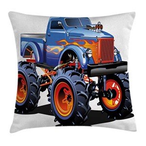 Ambesonne Man Cave Throw Pillow Cushion Cover, Cartoon Monster Truck Illustration on Plain Backdrop Classic Adventure Car Auto, Decorative Square Accent Pillow Case, 18" X 18", Multicolor