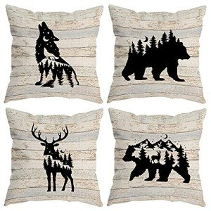 PUHEI Woodland Wild Animal Wolf Elk Bear Deer Forest Camping Throw Pillow Covers, Wildlife Lover Camper Gifts for Men Women, Wildlife Rustic Pillow Cases 18 x 18 Inch Home Room Bed Sofa Decor Set Of 4
