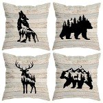 PUHEI Woodland Wild Animal Wolf Elk Bear Deer Forest Camping Throw Pillow Covers, Wildlife Lover Camper Gifts for Men Women, Wildlife Rustic Pillow Cases 18 x 18 Inch Home Room Bed Sofa Decor Set Of 4
