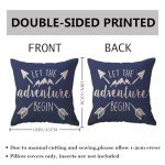 ULOVE LOVE YOURSELF Adventure Arrow Throw Pillow Covers Mountain Forest Pillowcases 18 x 18 Inch Let The Adventure Begin Decorative Cushion Covers for Cabin/Camper (Blue)