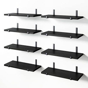 YGEOMER Floating Shelves, Wood Shelves, Long Wall Shelf, Set of 8, Rustic Wall Shelves, Wood Floating Shelf for Bedroom, Living Room, Book and Bathroom (Black)