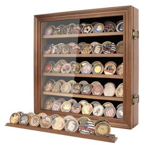 Military Challenge Coin Display Case Holder with HD Toughened Glass and Wall Mount, Wooden Coin Stand Rack with Removable 2 Grooves Shelves, Walnut…
