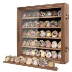 Military Challenge Coin Display Case Holder with HD Toughened Glass and Wall Mount, Wooden Coin Stand Rack with Removable 2 Grooves Shelves, Walnut…