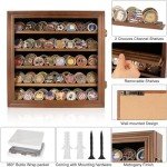 Military Challenge Coin Display Case Holder with HD Toughened Glass and Wall Mount, Wooden Coin Stand Rack with Removable 2 Grooves Shelves, Walnut…