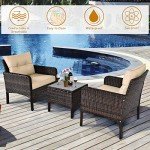 Tangkula 3 Piece Outdoor Patio Furniture Set for 2, Wicker Chairs with Glass Top Coffee Table, Thick Cushions, All Weather Garden Lawn Poolside Backyard Porch (Brown)