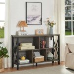 HOMISSUE Cube Storage Organizer Shelf, Rustic Horizontal Bookshelf with 5 Cube Storage, Industrial Short Wide Bookcase with 3 Tier Shelves, Low and Long Cube Bookshelf for Living Room, Office, Grey