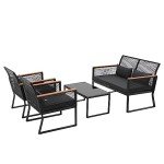 Patiorama 4 Piece Patio Furniture Set, Outdoor Wicker Bistro Set, All-Weather Black PE Rattan Conversation Set w/Coffee Table, Loveseat, Wood-Like Armrest, Cushions for Garden Balcony Deck, Dark Grey