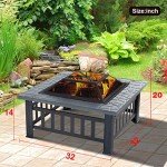 Outdoor Fire Pit for Wood 32" Metal Firepit for Patio Wood Burning Fireplace Square Garden Stove with Charcoal Rack, Poker & Mesh Cover for Camping Picnic Bonfire Backyard