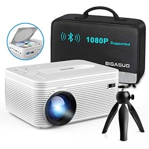 BIGASUO HD 9000L Bluetooth Projector Built in DVD Player, Mini Projector 1080P and 250”Supported with Tripod/ Carry Bag, Projector Compatible w/ TV Stick, PS5, Laptop, Portable Outdoor Movie Projector