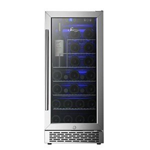 Sueno 15“ Built-In/Freestanding Wine Cooler Refrigerator 32 Bottles or 90 Cans Digital Touch Control Stainless Steel Mirror Glass Door W/Lock Temperature Memory Function Large Space Upright Storage