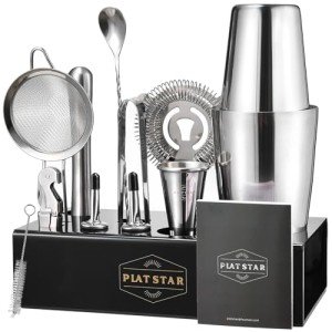 Plat Star Mixology Bartender Kit | Home Bar Set Cocktail Shakers Bartending Kit | Bar Tools Boston Shaker Set with Stand | Professional Drink Mixing Martini Shaking Tins Barware Set w/Strainer