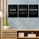 GUBIYU Hustle Grind Execution Wall Art Set of 3 Framed Canvas Black Motiviational Wall Art Home Office Wall Decor Inspirational Positive Quotes Posters Success Entrepreneur Gifts for Mens Guys 12"x16"