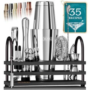 BARE BARREL® Mixology Bartender Kit Bar Set | 14-Piece Cocktail Shaker Set | Martini Barware Mixing Tools for Home Bartending | 35 Recipe Cards | Gift Set (28oz Boston Shaker, Silver/Black)
