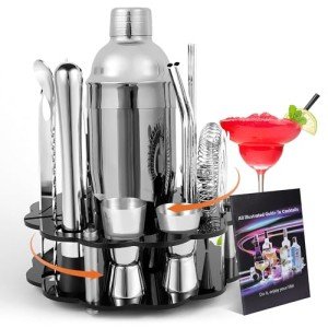 Mixology Bartender Kit Cocktail Shaker Set: 22-Piece, Bar Tools with Rotating Stand, Bar Set with All Essential Accessory Tools: Martini Shaker, Jigger, Strainer, Mixer Spoon, Muddler Ect, (Silver)