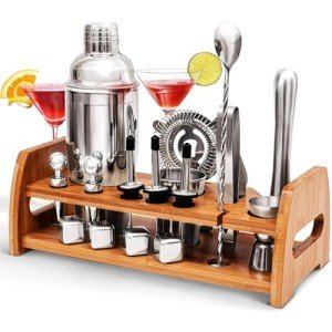 20-Piece Cocktail Mixology Shaker Set - Bartender Kit with Bamboo Stand - Bar Accessories Kit Including a Martini Shaker, Jigger, Recipe Book, Gift Set