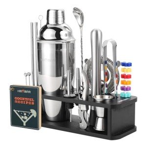 HMYBAR 22-pc Cocktail Shaker Set(24oz/700ml) | Mixology Bartender Kit | Bar Set | Bar Tool Set | Martini Making Set with 39-Recipe Cocktail Cards & Kit's Deco, Bamboo Stand Black Color, Silver Tools