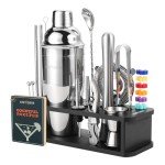 HMYBAR 22-pc Cocktail Shaker Set(24oz/700ml) | Mixology Bartender Kit | Bar Set | Bar Tool Set | Martini Making Set with 39-Recipe Cocktail Cards & Kit's Deco, Bamboo Stand Black Color, Silver Tools