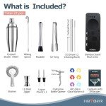 HMYBAR 22-pc Cocktail Shaker Set(24oz/700ml) | Mixology Bartender Kit | Bar Set | Bar Tool Set | Martini Making Set with 39-Recipe Cocktail Cards & Kit's Deco, Bamboo Stand Black Color, Silver Tools