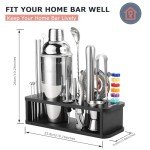 HMYBAR 22-pc Cocktail Shaker Set(24oz/700ml) | Mixology Bartender Kit | Bar Set | Bar Tool Set | Martini Making Set with 39-Recipe Cocktail Cards & Kit's Deco, Bamboo Stand Black Color, Silver Tools