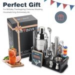 HMYBAR 22-pc Cocktail Shaker Set(24oz/700ml) | Mixology Bartender Kit | Bar Set | Bar Tool Set | Martini Making Set with 39-Recipe Cocktail Cards & Kit's Deco, Bamboo Stand Black Color, Silver Tools