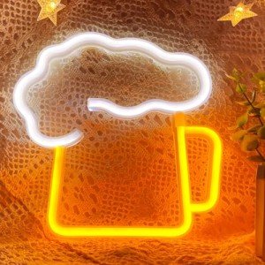 VIFULIN Beer Neon Sign Neon Beer Signs, LED Beer Sign Beer Light up Sign for Wall Decor, USB/Battery Operated Neon Sign Beer Gifts, Yellow & White Beer LED Sign Neon Beer Signs for Man Cave Decor