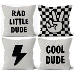 HIWX Rad Little Cool Dude Preppy Black Checkered Peace Sign Lightning Decorative Pillowcase Throw Pillow Cover,Trendy Preppy for Sofa Bed Boy Teen Room Dorm Decor 18 x 18 Inch Pillow Case Set of 4