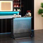 YITAHOME Mini Home Bar Unit with Music Sensing LED Light, Liquor Wine Coffee Stand w Counter Tall Bar Table Top Alcohol Storage Shelf Glasses Rack Footrest for Kitchen Pub Living Room, Black