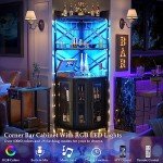 Aheaplus Corner Bar Cabinet with Power Outlet, Industrial Wine Cabinet with LED Strip and Glass Holder, 5-Tiers Liquor Cabinet Bar Unit for Home, Corner Display Cabinet for Small Space, Black
