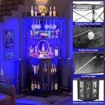 Aheaplus Corner Bar Cabinet with Power Outlet, Industrial Wine Cabinet with LED Strip and Glass Holder, 5-Tiers Liquor Cabinet Bar Unit for Home, Corner Display Cabinet for Small Space, Black