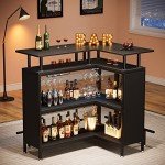 Tribesigns Home Bar Unit, L-Shaped Bar Table with Stemware Racks and 2-Tier Shelves, Corner Mini Coffee Liquor Cabinet with Footrest for Home/Kitchen/Pub, Black