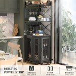 Aheaplus Corner Bar Cabinet with Power Outlet, Industrial Wine Cabinet with LED Strip and Glass Holder, 5-Tiers Liquor Cabinet Bar Unit for Home, Corner Display Cabinet for Small Space, Black