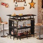 Tribesigns Home Bar Unit, L-Shaped Bar Table with Stemware Racks and 2-Tier Shelves, Corner Mini Coffee Liquor Cabinet with Footrest for Home/Kitchen/Pub, Black