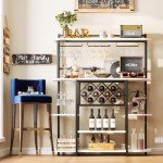 ROCHECASA Wine Rack with LED Light, Bar Table Cabinet with Glass Holder, Freestanding Coffee Bar Storage Shelves, 5-Tier Liquor Cabinet for Kitchen, Dining Room, Living Room,White