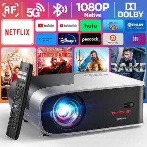 [Netflix Officially/Auto Focus] Smart Projector with 5G WiFi and Bluetooth, DBPOWER Native 1080p Projector Built-in Netflix, Youtube, Hulu, Disney+, Peacock Apps, 500ANSI Movie Projector Dolby