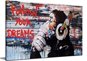 Framed Banksy Graffiti Canvas Wall Art Follow Your Dreams Monkey Poster With Headphones Prints Street Painting Picture Man Cave Wall Decor Pop Art for Living Room Ready To Hang 12"Wx16"H (30x40cm))