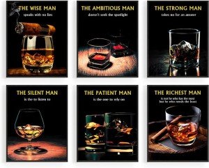 Motivational Quote Posters Wine Glass Wall Art, My Man Cave My Rules Wall Art, Modern Wine Whisky Cigarette Canvas Prints for Kitchen Dining Room Bedroom Office Decor, Set of 6 (8"X10" Unframed)