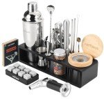 HMYBAR 29pc-Mixology Bartender kit | Cocktail Shaker Set (24oz/700ml) | Bar Set | Bar Tool Set | Whiskey Smoker Set with 39-Recipe Cocktail Cards, Bamboo Stand Black Color, Silver Tools