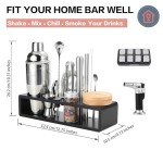 HMYBAR 29pc-Mixology Bartender kit | Cocktail Shaker Set (24oz/700ml) | Bar Set | Bar Tool Set | Whiskey Smoker Set with 39-Recipe Cocktail Cards, Bamboo Stand Black Color, Silver Tools