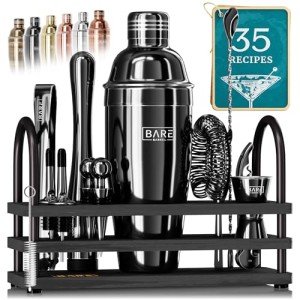 BARE BARREL® Mixology Bartender Kit Bar Set | 14-Piece Cocktail Shaker Set | Martini Barware Mixing Tools for Home Bartending | 35 Recipe Cards | Gift Set (24oz Cobbler Shaker, Jet Black/Black)