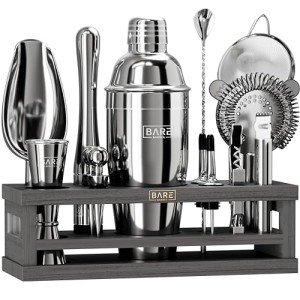 Mixology Bartender Kit Bar Set | 16-Piece Cocktail Shaker Set | Martini Barware Mixing Tools for Home Bartending | Incl. 35 Recipe Cards | Gift Set (24oz Cobbler Shaker, Graphite Stand/Gray Tools)