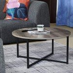 Rustic Round Coffee Table with Black Metal Base